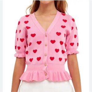 English Factory Pink Cardigan with Red Heart Design